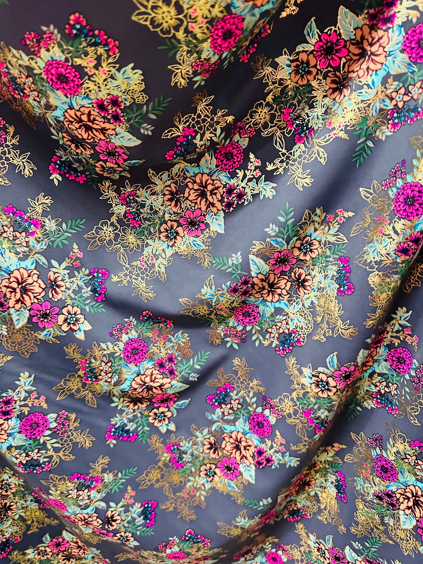 New Romantic floral design print on nylon spandex with foil 4-way stretch 58/60”