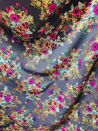 New Romantic floral design print on nylon spandex with foil 4-way stretch 58/60”