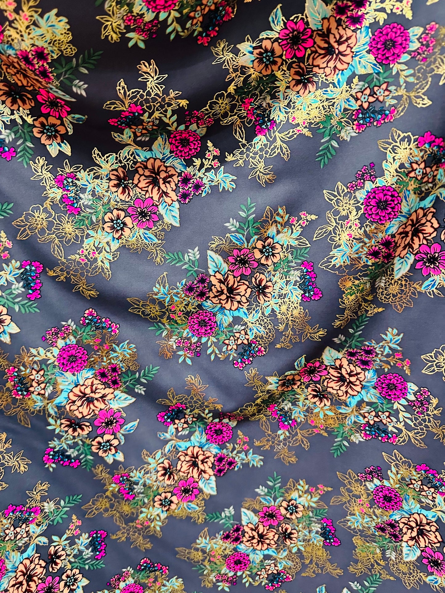 New Romantic floral design print on nylon spandex with foil 4-way stretch 58/60”