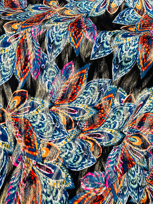 New Feathers design on metallic poly spandex 2-way stretch 58/60”