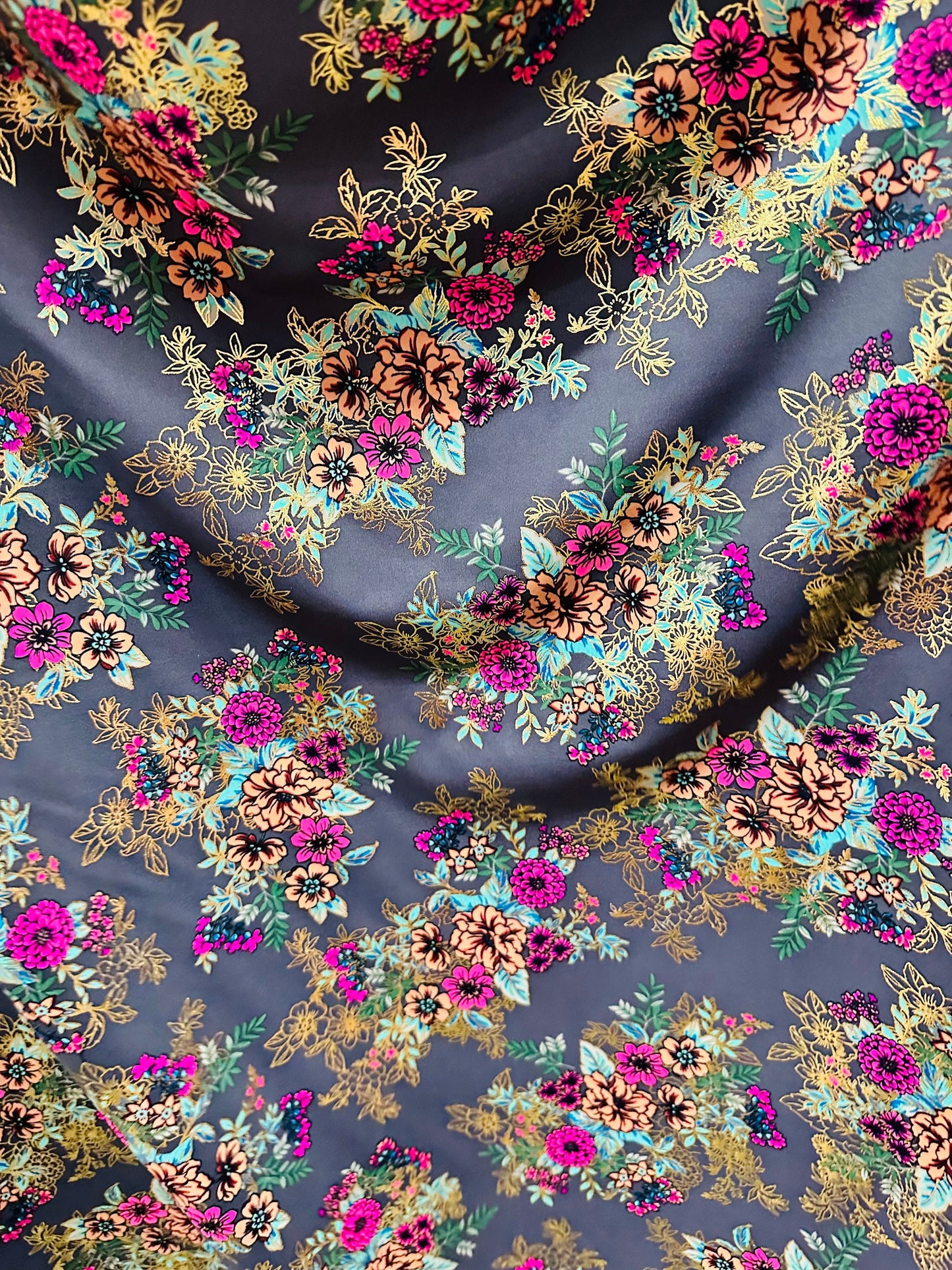 New Romantic floral design print on nylon spandex with foil 4-way stretch 58/60”