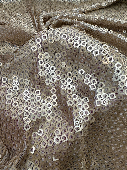 New Geometric sequins design dangling on stretch mesh 2-way 55/57” Sold by the YD.