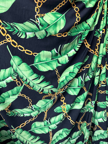 New leaves design print on great quality of poly spandex 4-way stretch 58/60”