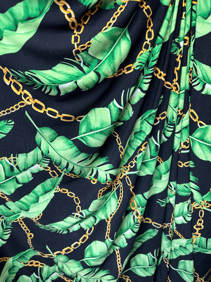 New leaves design print on great quality of poly spandex 4-way stretch 58/60”