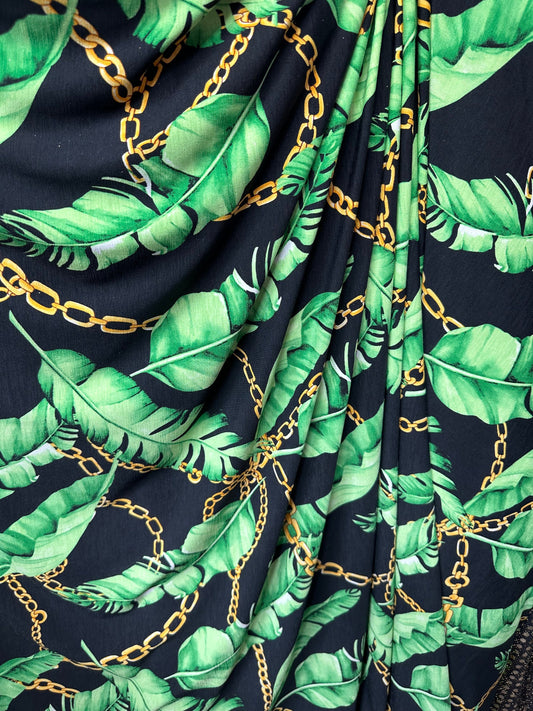 New leaves design print on great quality of poly spandex 4-way stretch 58/60”