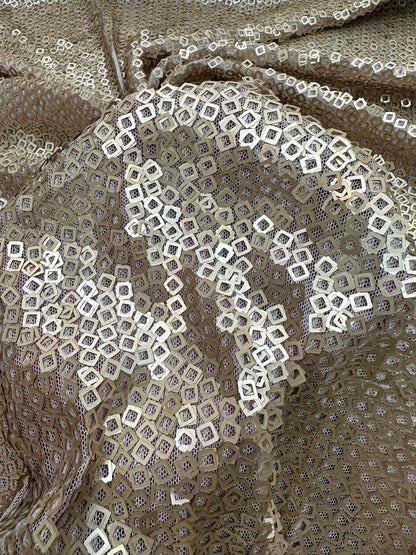 New Geometric sequins design dangling on stretch mesh 2-way 55/57” Sold by the YD.