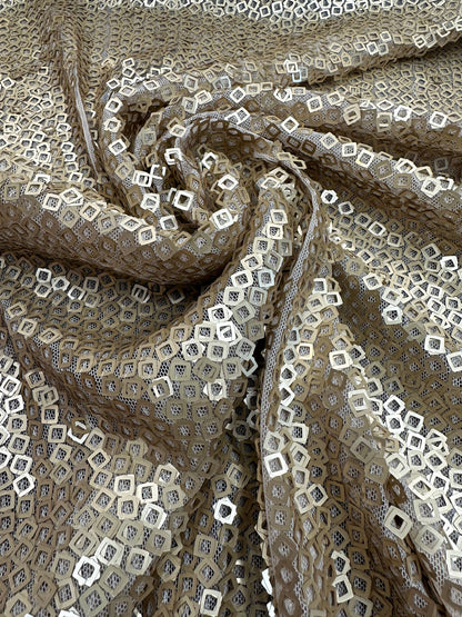 New Geometric sequins design dangling on stretch mesh 2-way 55/57” Sold by the YD.