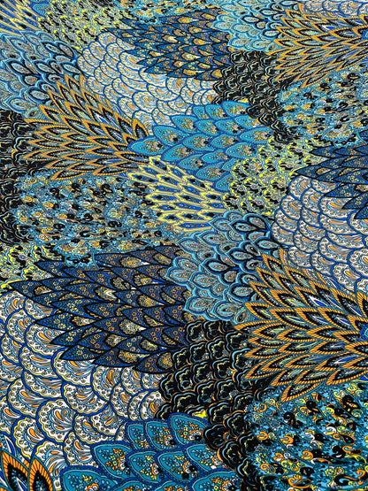 Peacock abstract design print on great quality of poly spandex medium weight 4-way stretch 58/60” Sold by the YD.