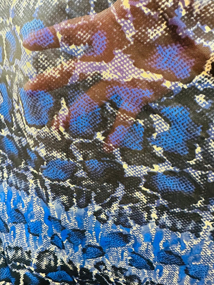 Exotic Snake design sapphire/Taupe print on great quality of nylon power mesh 4-way stretch 58/60” Sold by the YD. Ships worldwide