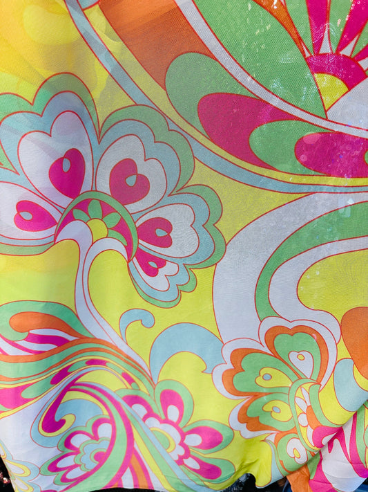 New floral design pastel colors print on power mesh spandex  4-way stretch 58/60”