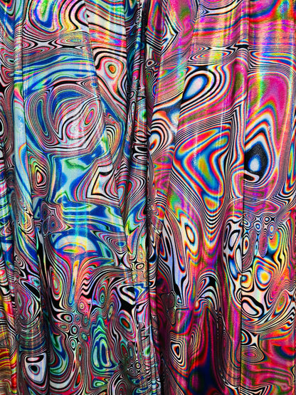 Hologram Lava modern design metallic nylon spandex with Iridescent foggy foil 4-way stretch 58/60”