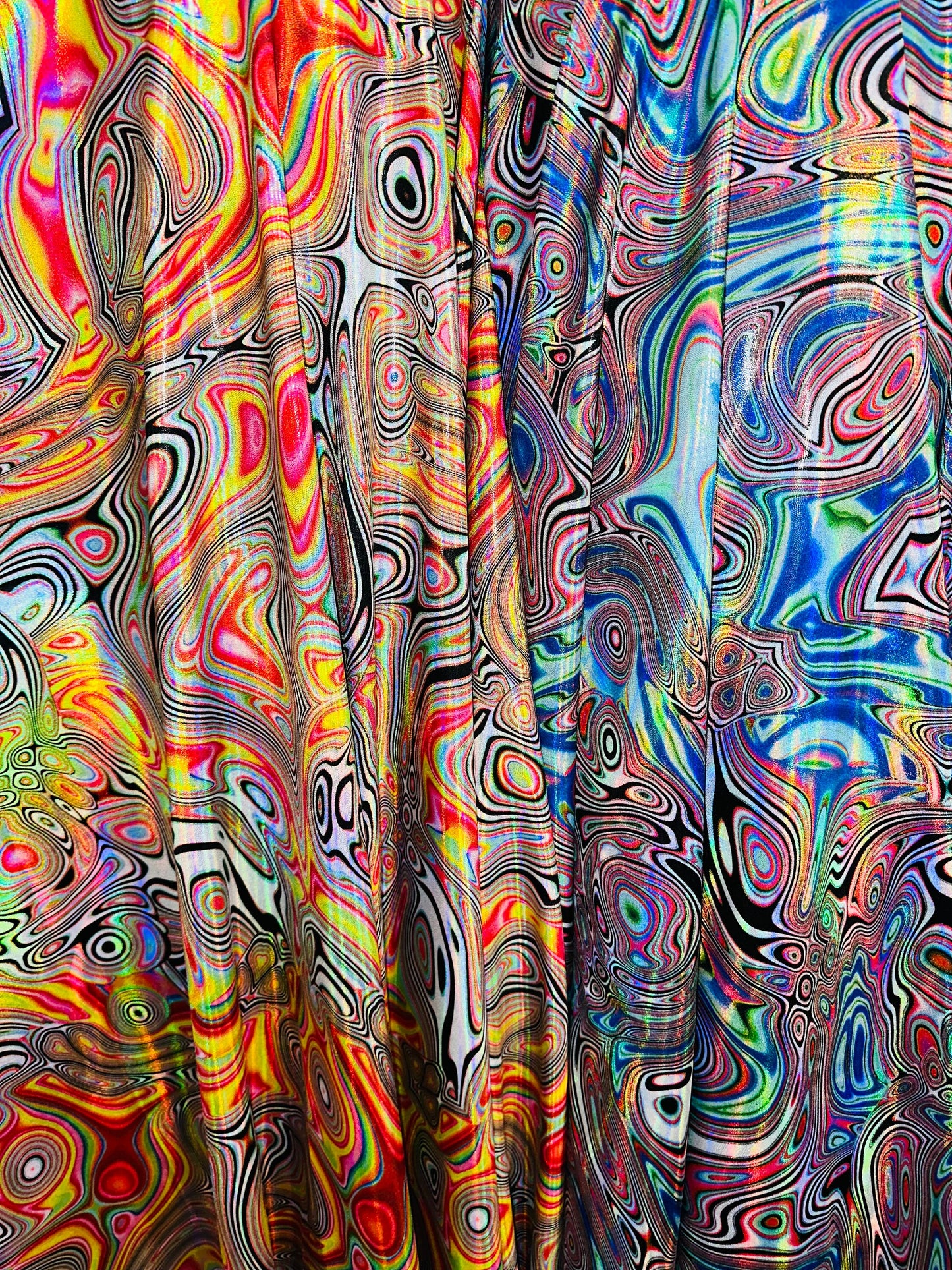 Hologram Lava modern design metallic nylon spandex with Iridescent foggy foil 4-way stretch 58/60”