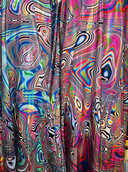 Hologram Lava modern design metallic nylon spandex with Iridescent foggy foil 4-way stretch 58/60”