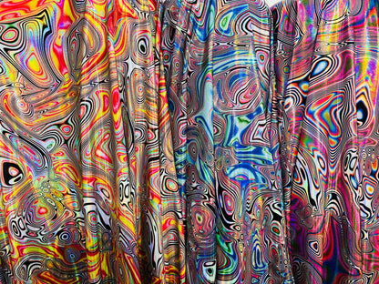 Hologram Lava modern design metallic nylon spandex with Iridescent foggy foil 4-way stretch 58/60”