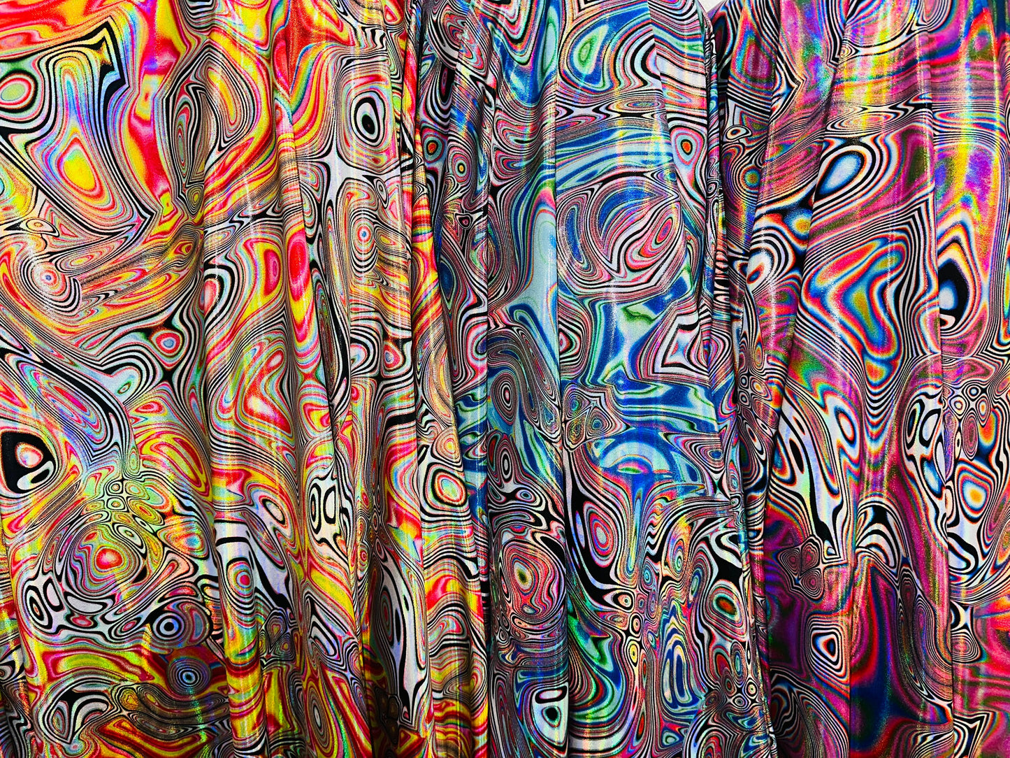 Hologram Lava modern design metallic nylon spandex with Iridescent foggy foil 4-way stretch 58/60”