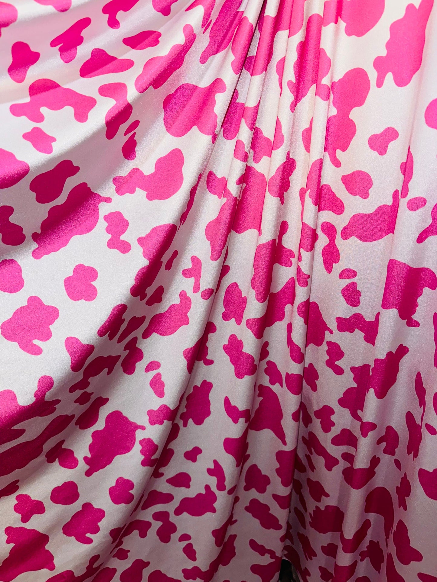 Cow design on shiny nylon spandex 4-way stretch pink/white 58/60” High quality fabrics by AlexLAFabrics