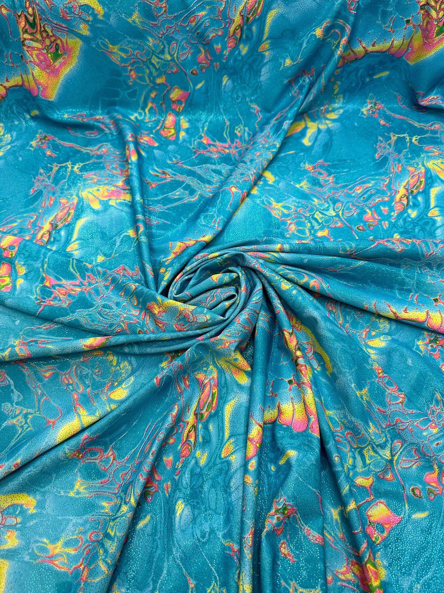 Modern abstract Lava design hologram metallic nylon spandex 4-way stretch 58/60” High quality fabrics by AlexLAFabrics