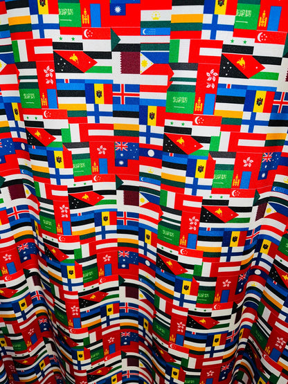 Nations flags design print on great quality of nylon spandex 4-way stretch 58/60” Sold by the YD.