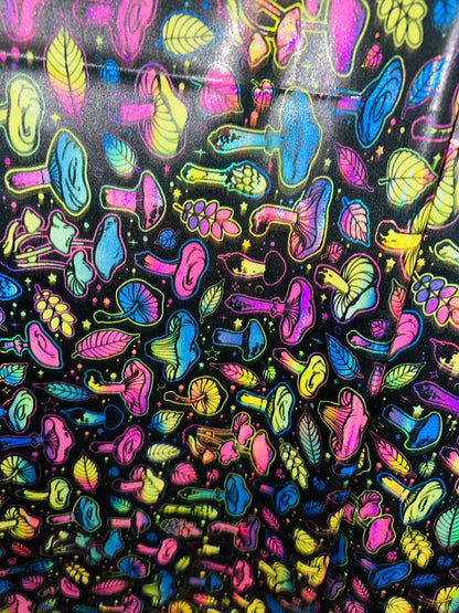 New Magic Mushrooms design on Iridescent metallic nylon spandex 4-way stretch 58/60”