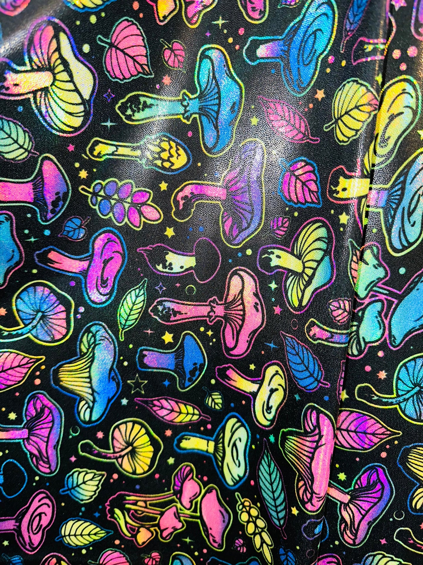 New Magic Mushrooms design on Iridescent metallic nylon spandex 4-way stretch 58/60”