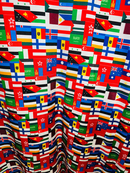 Nations flags design print on great quality of nylon spandex 4-way stretch 58/60” Sold by the YD.