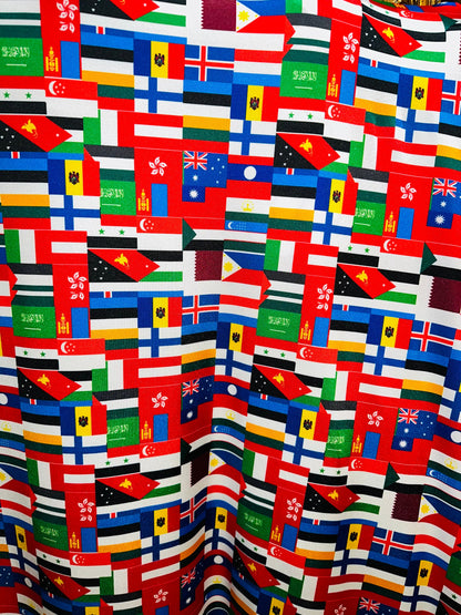 Nations flags design print on great quality of nylon spandex 4-way stretch 58/60” Sold by the YD.