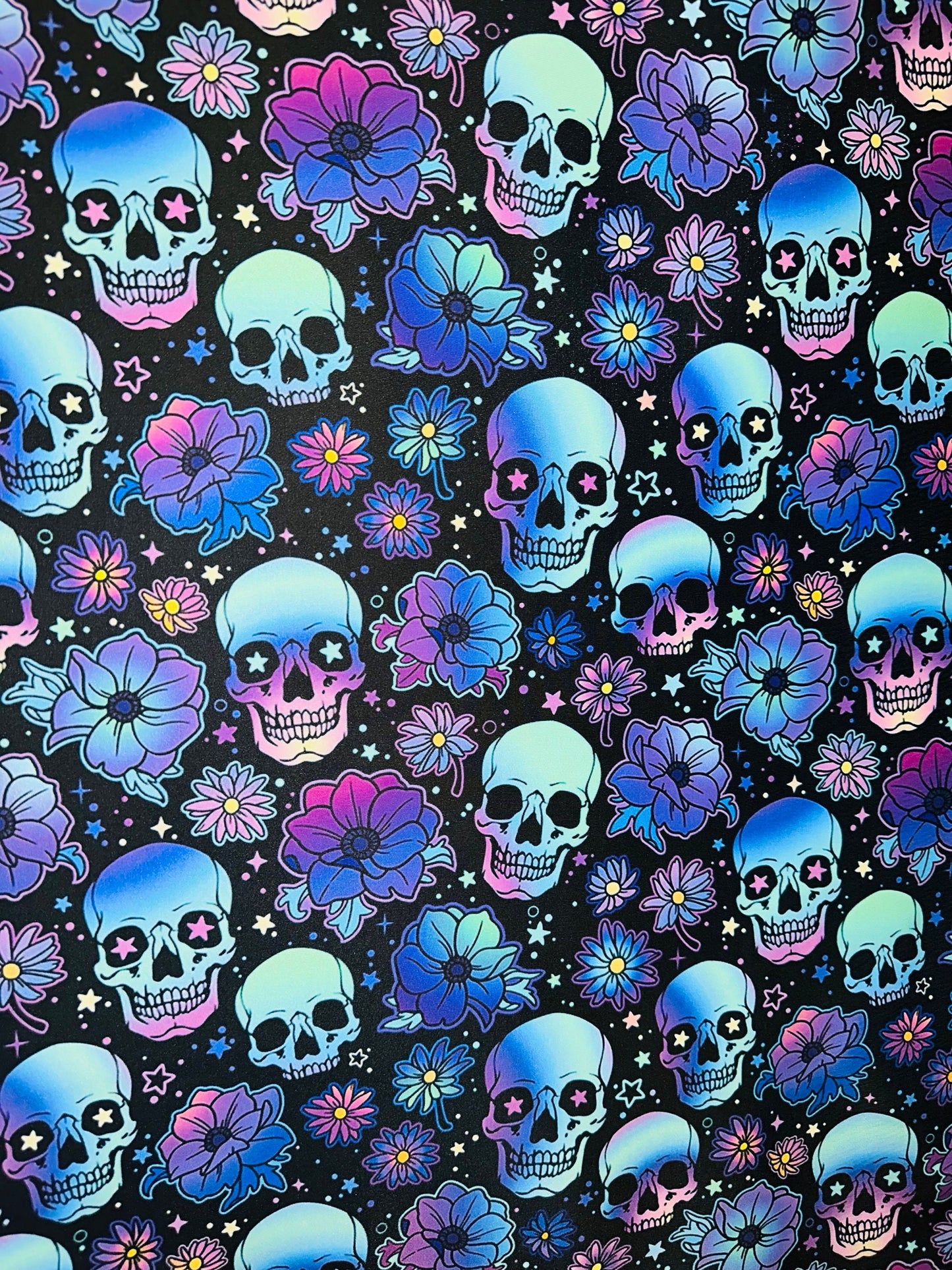 New skull design Black/Multicolor print on great quality of nylon spandex 4-way stretch 58/60”