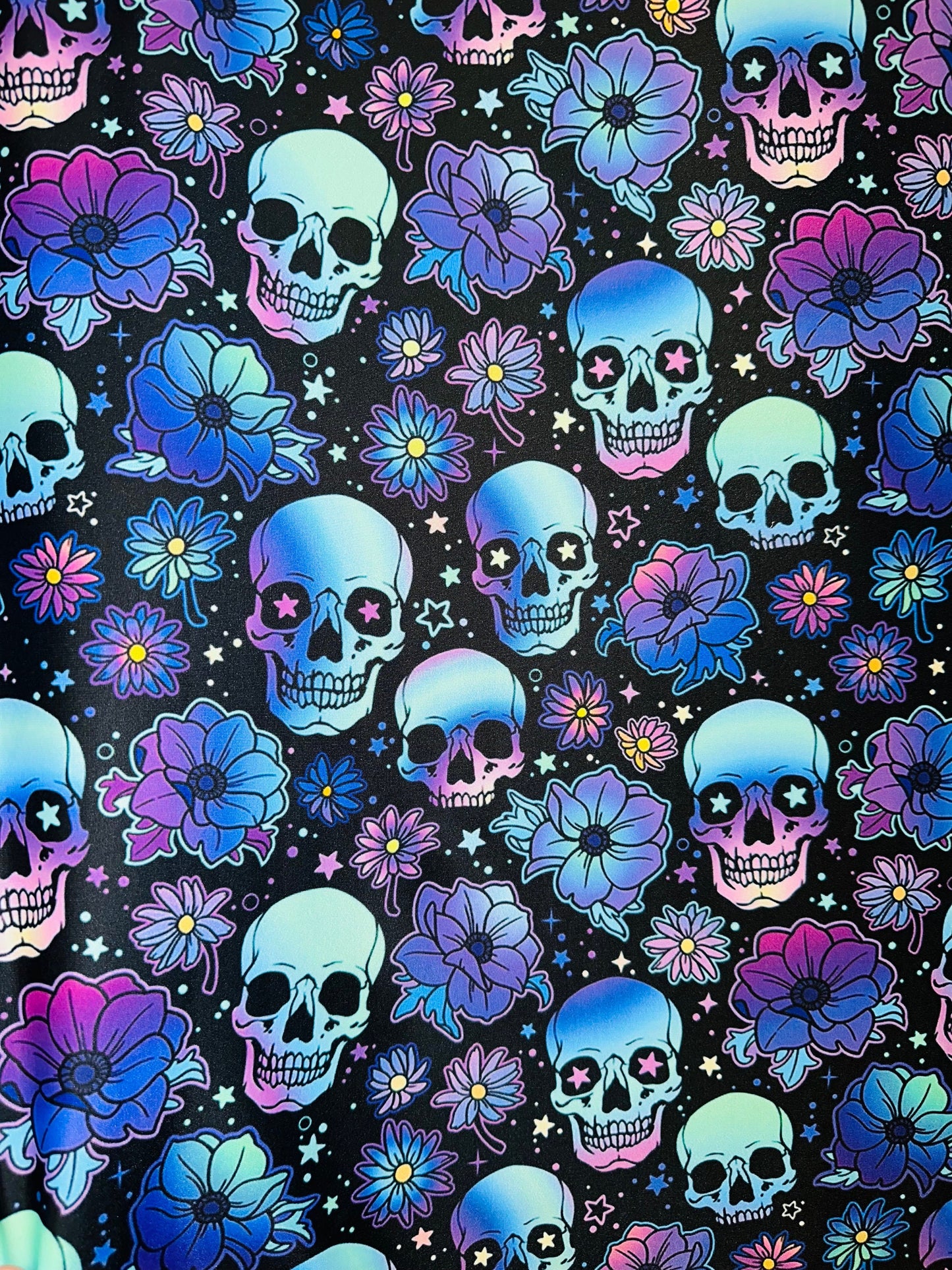 New skull design Black/Multicolor print on great quality of nylon spandex 4-way stretch 58/60”