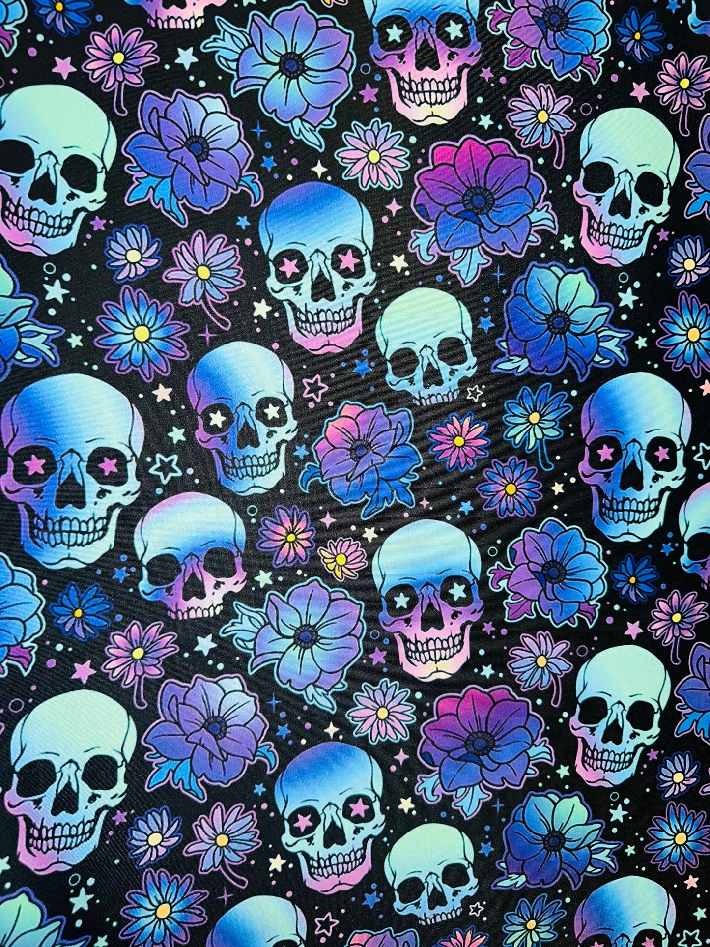 New skull design Black/Multicolor print on great quality of nylon spandex 4-way stretch 58/60”