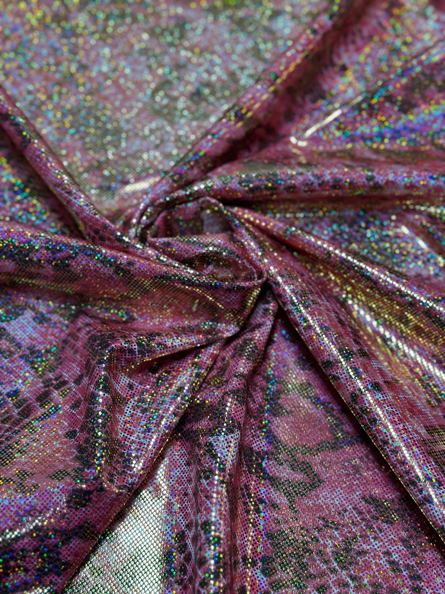 New Exotic snake design pink hologram metallic nylon spandex 4-way stretch 58/60” Sold by the YD.