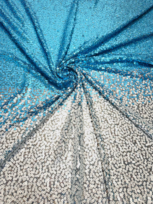 Luxury Ombre sequins Teal/silver 2-way stretch 58/60”