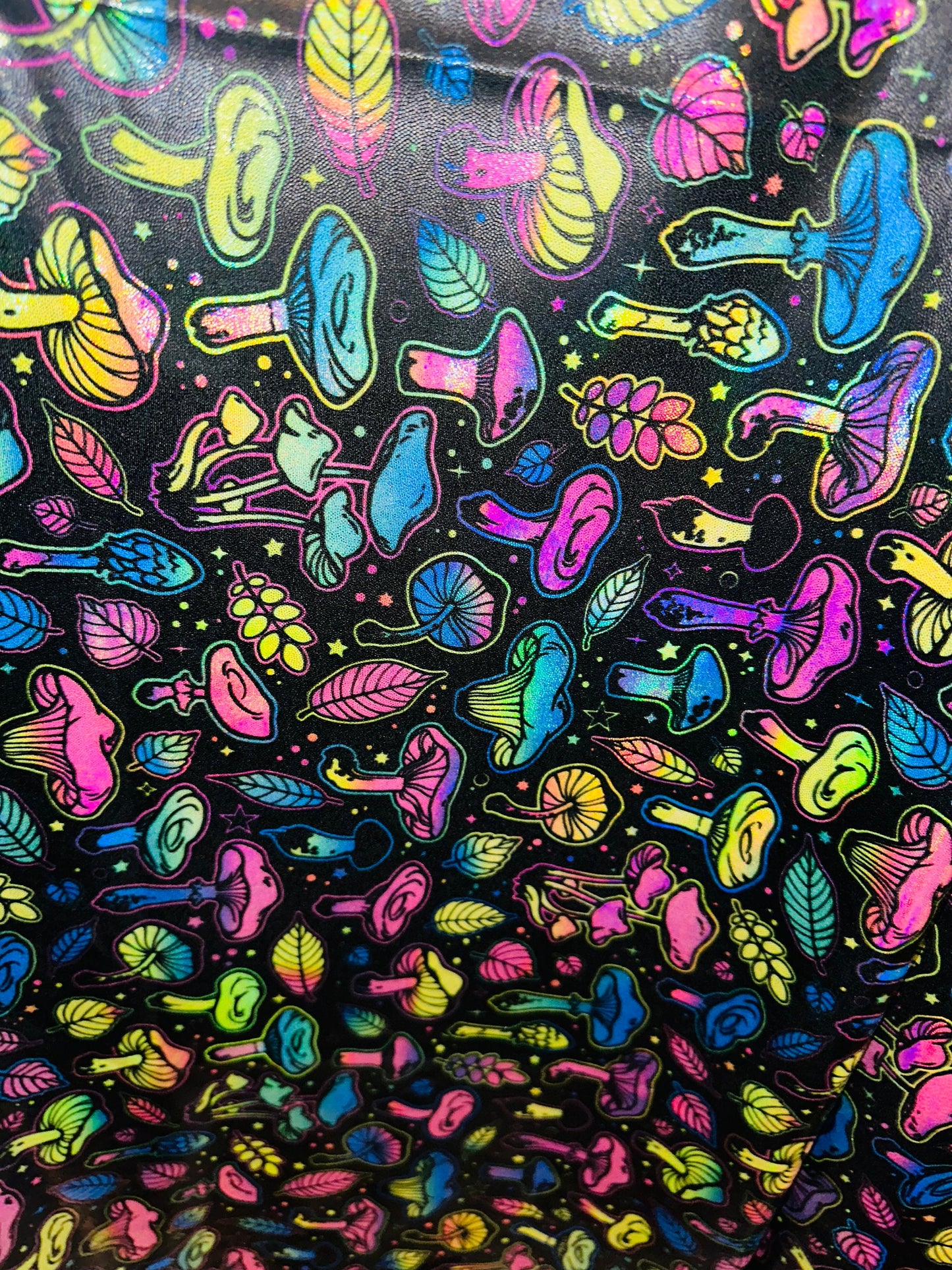 New Magic Mushrooms design on Iridescent metallic nylon spandex 4-way stretch 58/60”