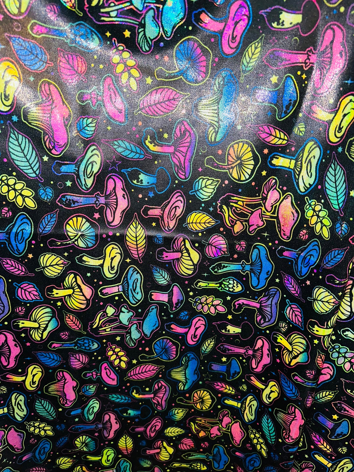 New Magic Mushrooms design on Iridescent metallic nylon spandex 4-way stretch 58/60”