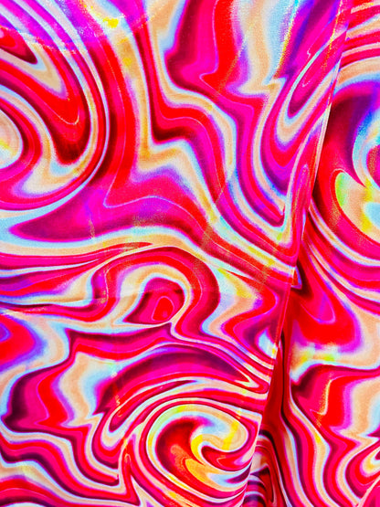 New Modern abstract lava design on Iridescent metallic nylon spandex 4-way stretch 58/60” Sold by the YD.