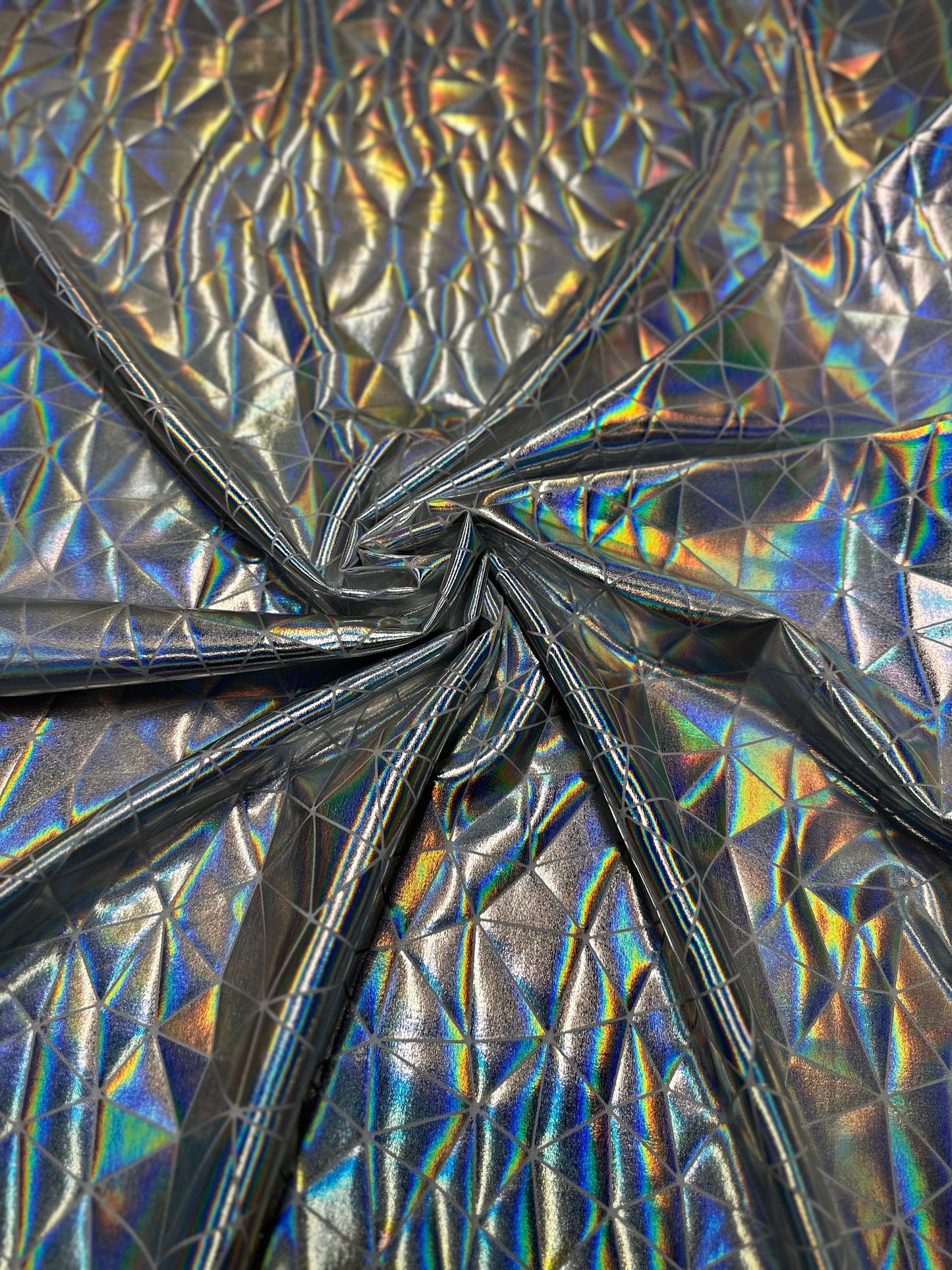 New abstract shattered glass design iridescent metallic all over foil nylon spandex 4-way stretch