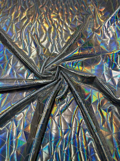 New abstract shattered glass design iridescent metallic all over foil nylon spandex 4-way stretch