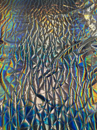 New abstract shattered glass design iridescent metallic all over foil nylon spandex 4-way stretch