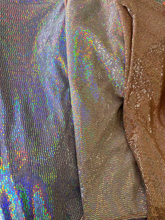 New mini hologram sequins on metallic stretch fabric 2-way stretch 58/60” Sold by the YD. Ships worldwide from Los Ángeles California USA.