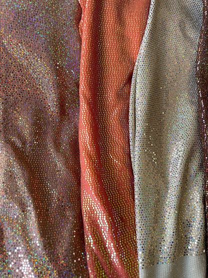 New mini hologram sequins on metallic stretch fabric 2-way stretch 58/60” Sold by the YD. Ships worldwide from Los Ángeles California USA.