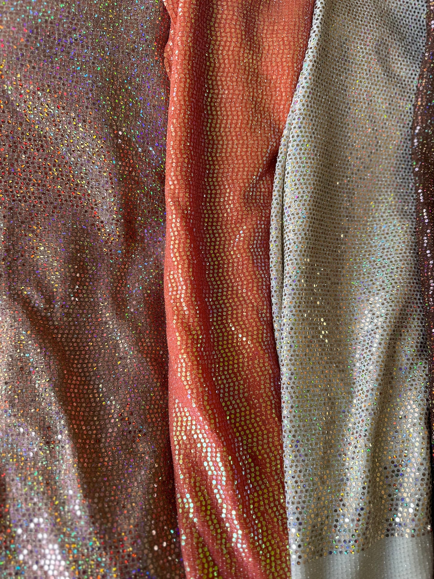 New mini hologram sequins on metallic stretch fabric 2-way stretch 58/60” Sold by the YD. Ships worldwide from Los Ángeles California USA.