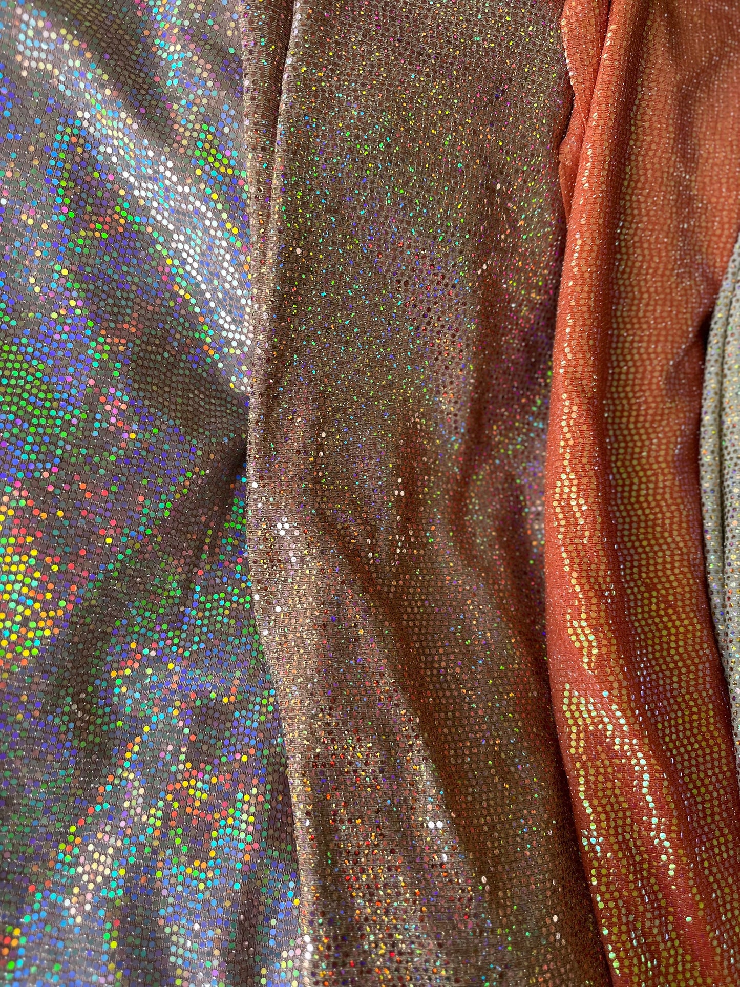 New mini hologram sequins on metallic stretch fabric 2-way stretch 58/60” Sold by the YD. Ships worldwide from Los Ángeles California USA.