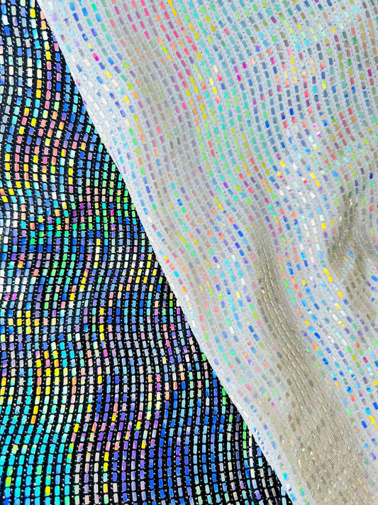 New Rectangular hologram sequins on metallic nylon spandex 2-way stretch 58/60”