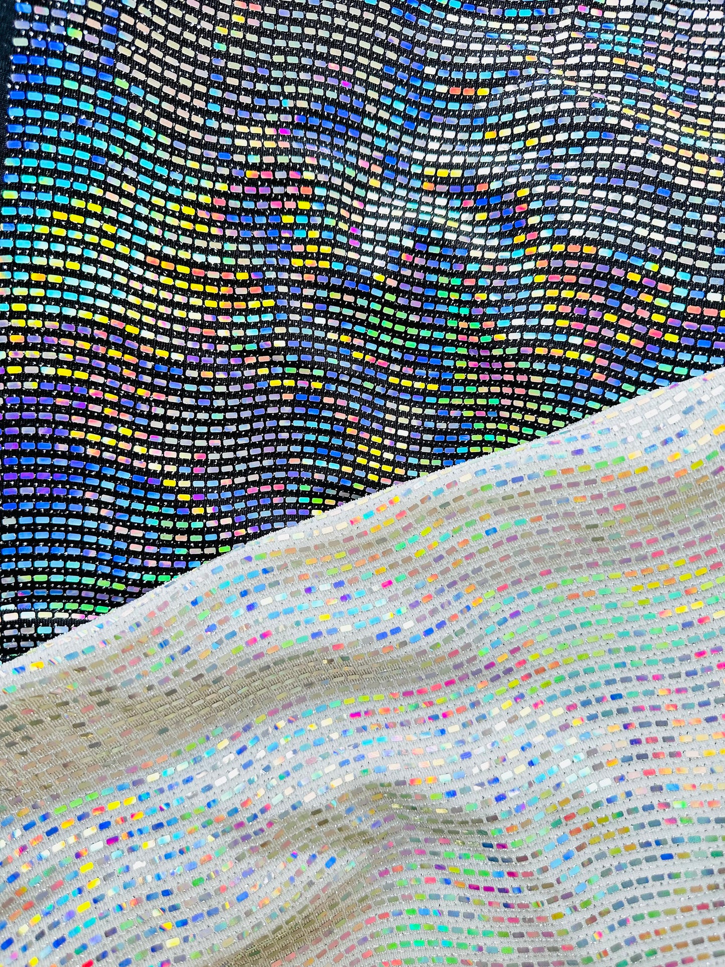 New Rectangular hologram sequins on metallic nylon spandex 2-way stretch 58/60”