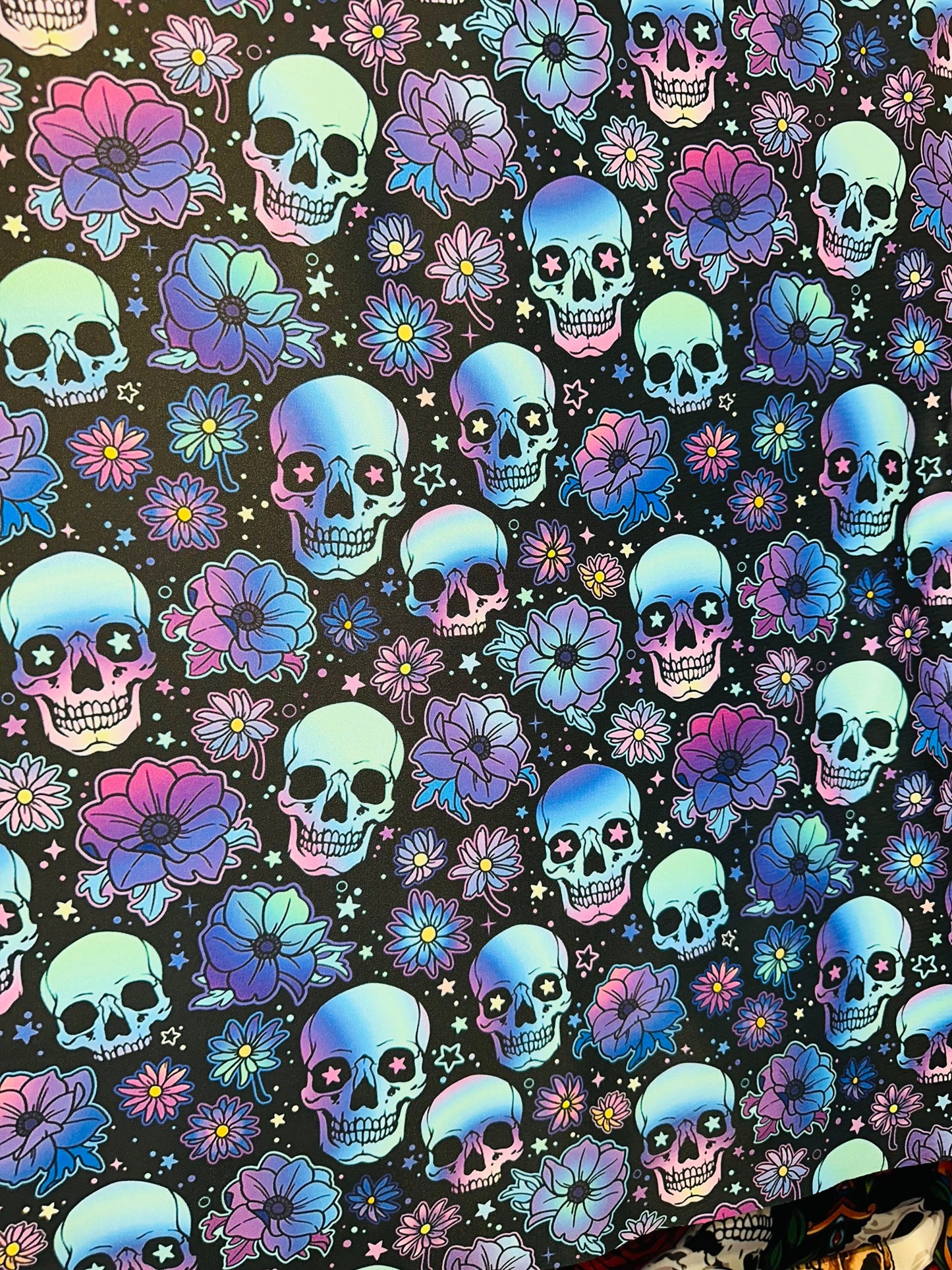 New skull design Black/Multicolor print on great quality of nylon spandex 4-way stretch 58/60”