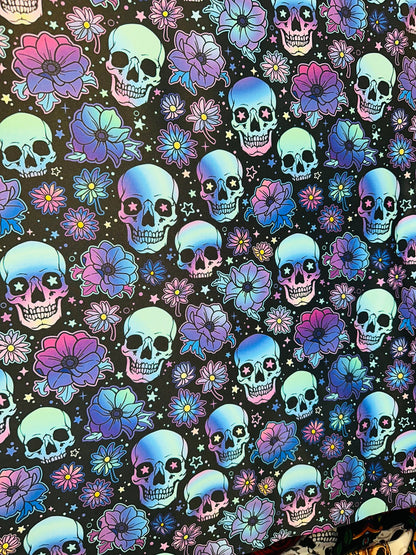 New skull design Black/Multicolor print on great quality of nylon spandex 4-way stretch 58/60”