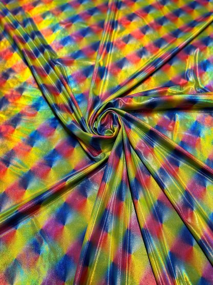 New Luxury Rainbow abstract design hologram metallic nylon spandex 4-way stretch 58/60”