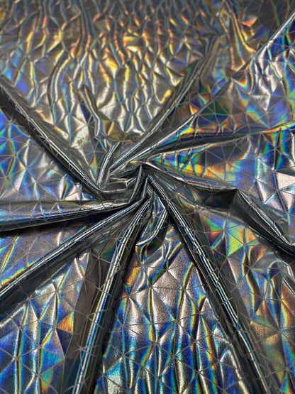 New abstract shattered glass design iridescent metallic all over foil nylon spandex 4-way stretch