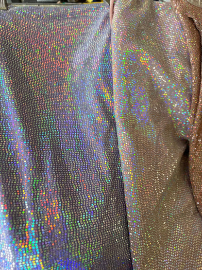 New mini hologram sequins on metallic stretch fabric 2-way stretch 58/60” Sold by the YD. Ships worldwide from Los Ángeles California USA.