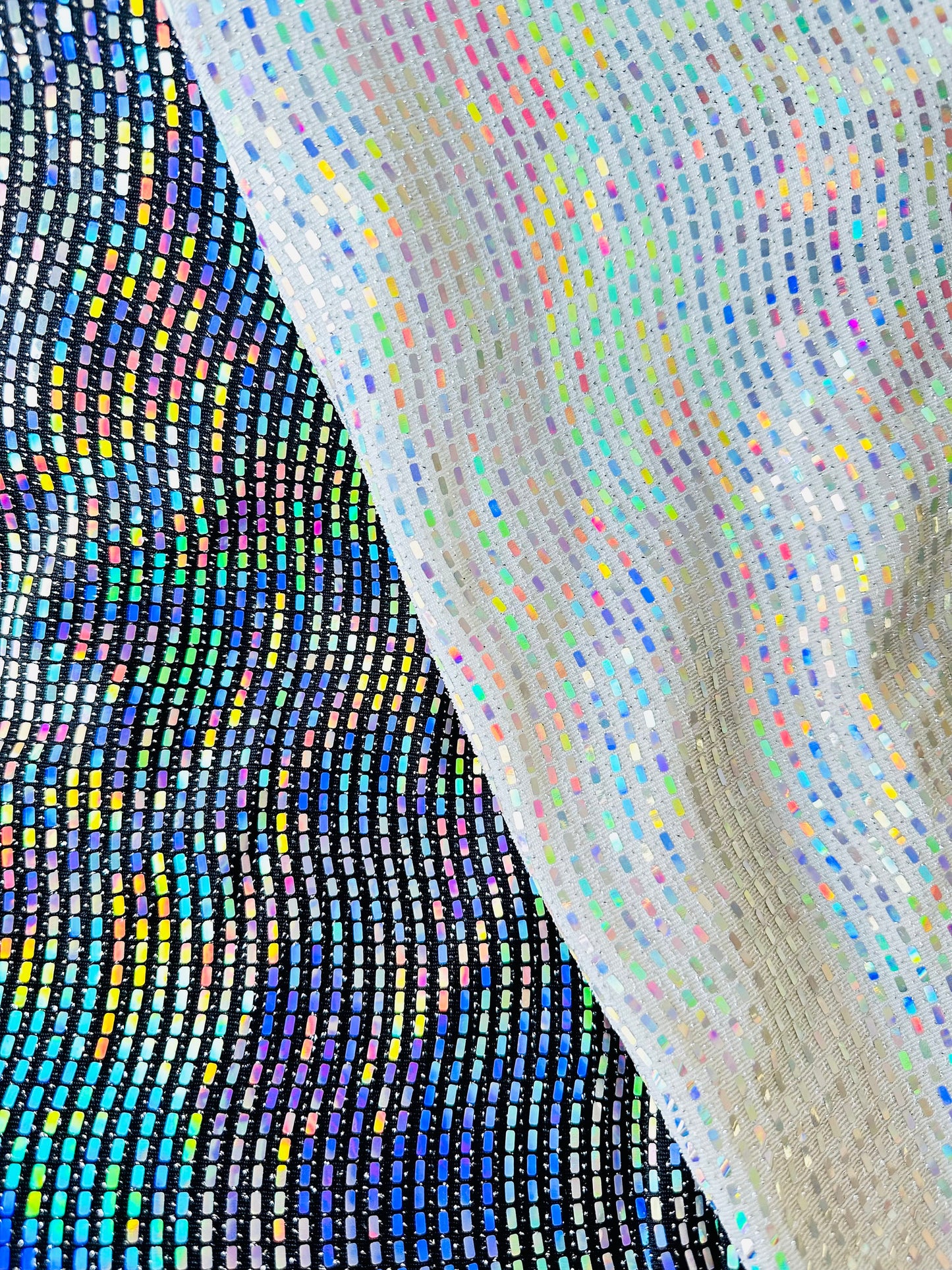 New Rectangular hologram sequins on metallic nylon spandex 2-way stretch 58/60”