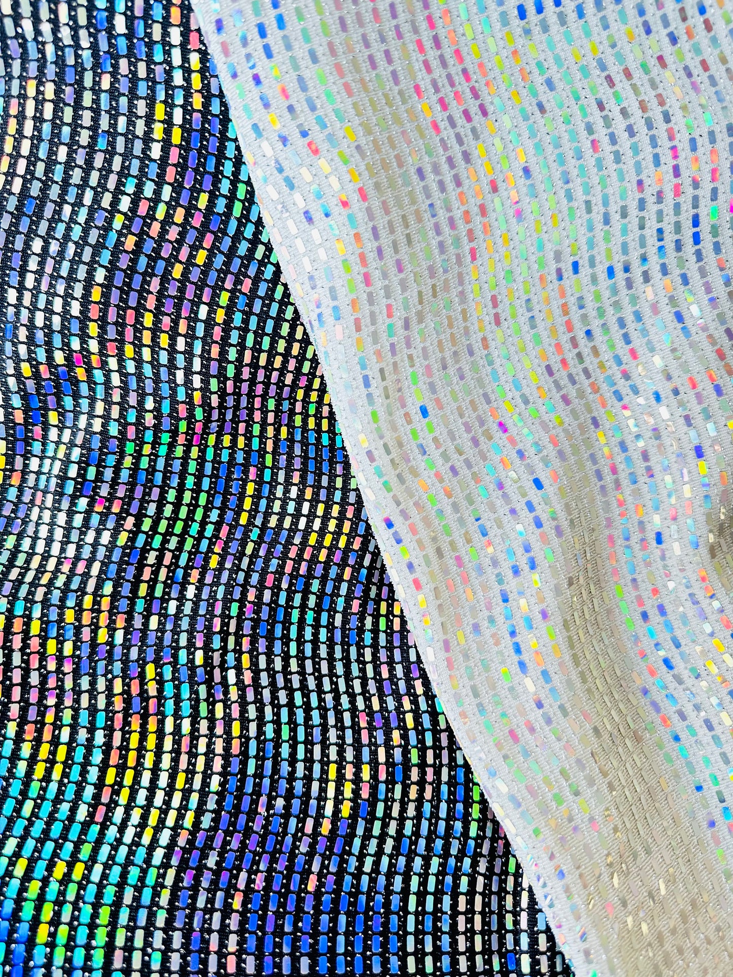 New Rectangular hologram sequins on metallic nylon spandex 2-way stretch 58/60”